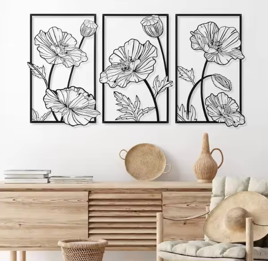 Crafted Creations™ - Hanging Flower Lotus Line Wall Sculpture 3 Pcs Black Metal Wall Art Minimalist Wall Decor for Bedroom