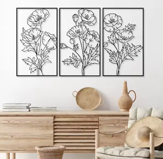 Crafted Creations™ - Chic Flowers Hanging Wall Decor 3 Pcs Black Metal Wall Art Minimalist Floral Line Wall Sculpture for Bedroom Kitchen