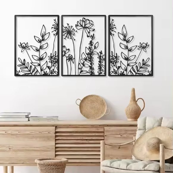 Crafted Creations™ - Floral Line Wall Sculpture Kitchen Decoration 16.5 x 11.8 Inch Minimalist Wall Decor 3 Pcs Black Metal Wall Art