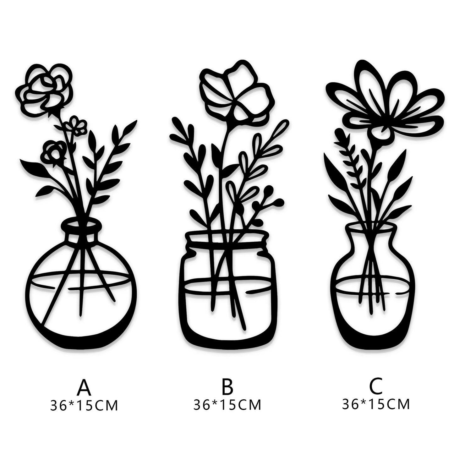 Crafted Creations™ - 3 Pieces Metal Black Classic Vase Flowers Wall Decor Wall Art Iron Modern Hanging Rectangle Anniversary Coating Spring Scenic