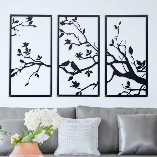 Crafted Creations™ | 3 Pcs Black Tree of Life Silhouette Sculpture Birds On Branch Large Metal Wall Art Decor Hanging Sign for Home