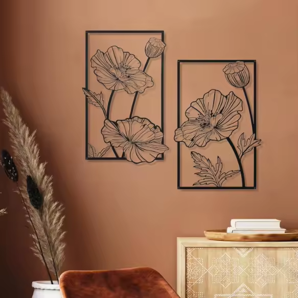 Crafted Creations™ - Hanging Flower Lotus Line Wall Sculpture 3 Pcs Black Metal Wall Art Minimalist Wall Decor for Bedroom