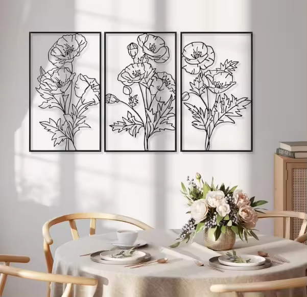 Crafted Creations™ - Chic Flowers Hanging Wall Decor 3 Pcs Black Metal Wall Art Minimalist Floral Line Wall Sculpture for Bedroom Kitchen