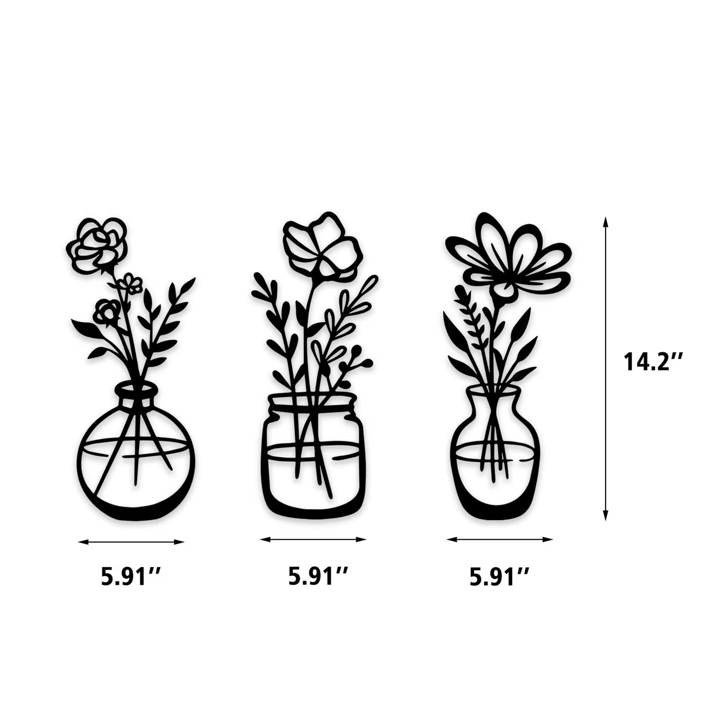 Crafted Creations™ - 3 Pieces Metal Black Classic Vase Flowers Wall Decor Wall Art Iron Modern Hanging Rectangle Anniversary Coating Spring Scenic