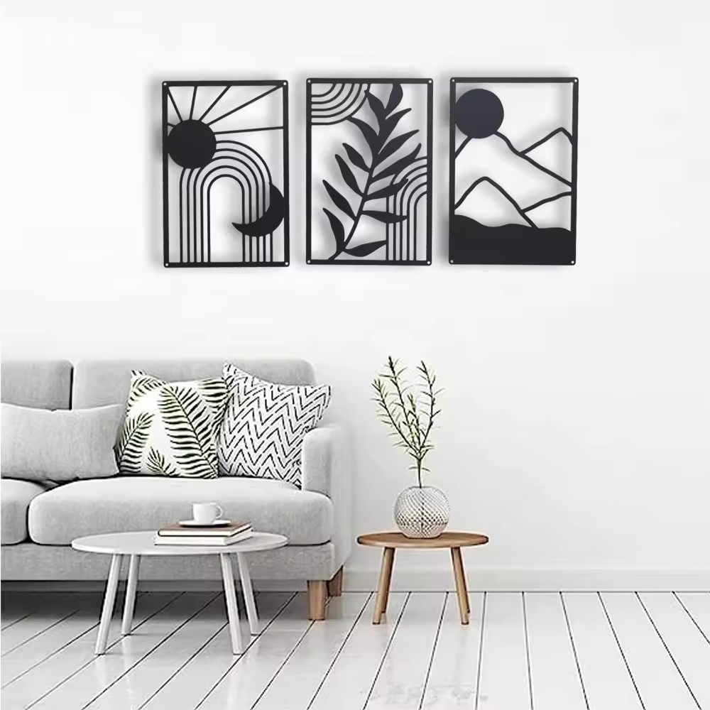 Crafted Creations™ - 3 Pcs Black Metal Wall Decor Boho Abstract Wall Art Mid Century Modern Decor Minimalist Wall Art