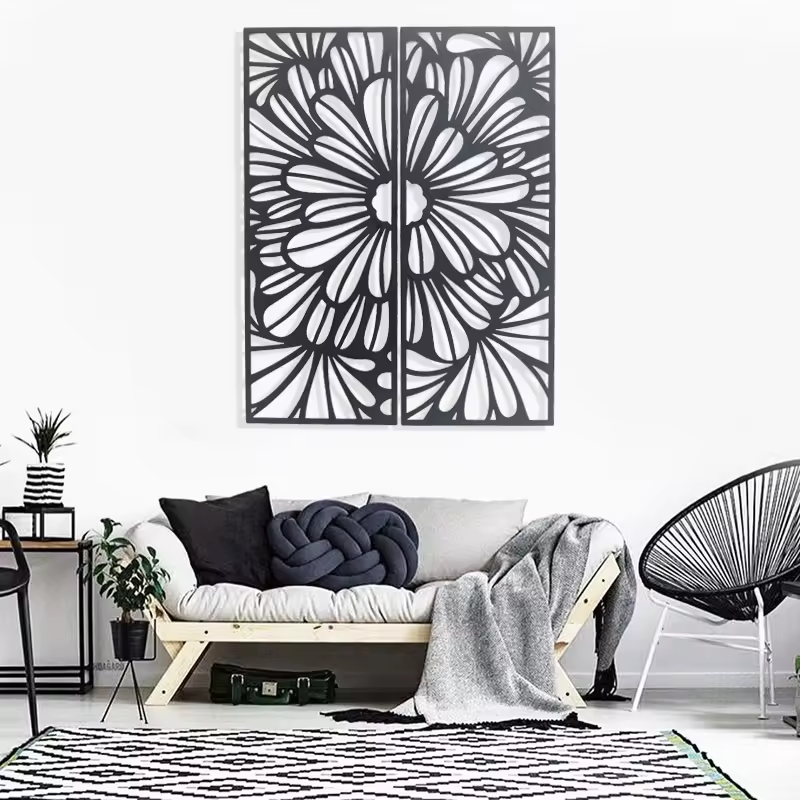 Crafted Creations™ - 3d Black Nordic Metal Flower Leaf Wall Art Hangings Decoration Wall Mounted Iron Plate Home Decor