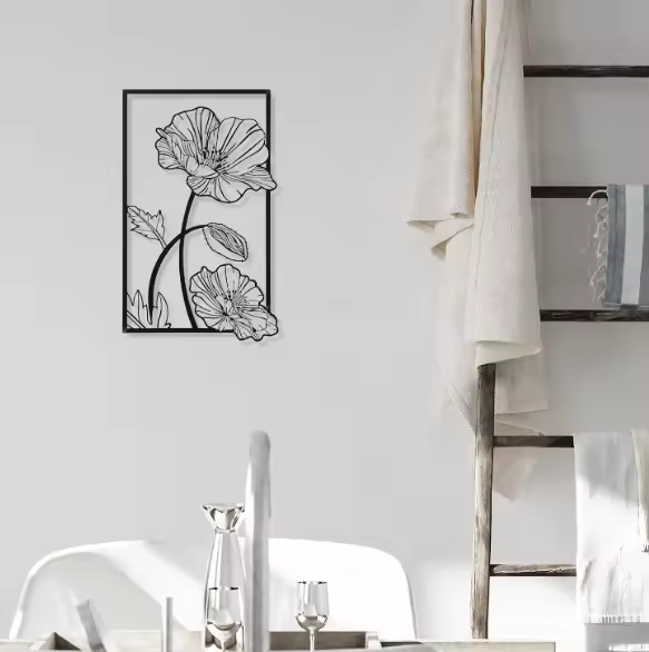 Crafted Creations™ - Hanging Flower Lotus Line Wall Sculpture 3 Pcs Black Metal Wall Art Minimalist Wall Decor for Bedroom