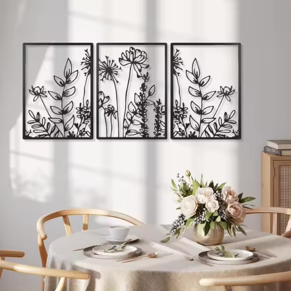 Crafted Creations™ - Floral Line Wall Sculpture Kitchen Decoration 16.5 x 11.8 Inch Minimalist Wall Decor 3 Pcs Black Metal Wall Art