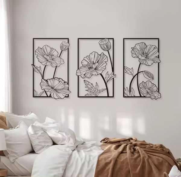 Crafted Creations™ - Hanging Flower Lotus Line Wall Sculpture 3 Pcs Black Metal Wall Art Minimalist Wall Decor for Bedroom