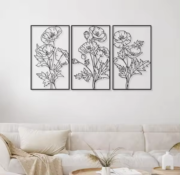 Crafted Creations™ - Chic Flowers Hanging Wall Decor 3 Pcs Black Metal Wall Art Minimalist Floral Line Wall Sculpture for Bedroom Kitchen